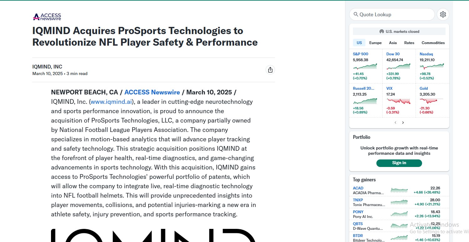 IQMIND Acquires ProSports Technologies to Revolutionize NFL Player Safety & Performance (Yahoo Finance)